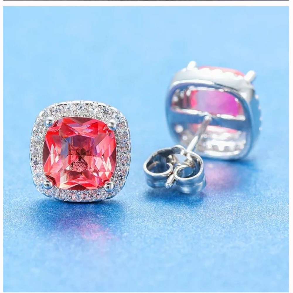 Pink Diamond Halo Stud Earrings - Picture 3 of 4